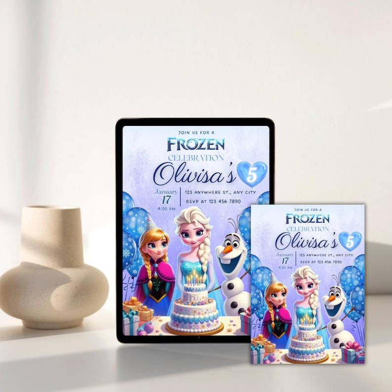 May include: A digital invitation for a Frozen themed birthday party. The invitation features a blue background with images of Elsa, Anna, and Olaf from the movie Frozen. The text on the invitation reads "Join us for a Frozen Celebration Olivisa's 5" and includes the date, time, and location of the party.