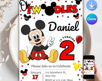Mickey Mouse 2nd Birthday Invitation: Oh Twodles, Editable Template (PDF)