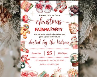 Christmas Pajama Party Invitation: Watercolor Slippers (Editable Canva Template)
