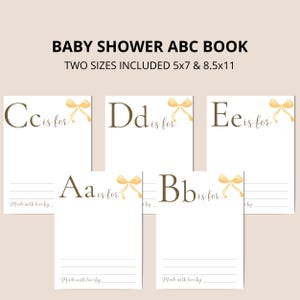 K&ouml;nnte beinhalten: Ein Satz druckbarer Baby Shower ABC-Buch-Karten mit einem gelben Schleifendesign. Die Karten zeigen die Buchstaben A bis E mit dem Satz "ist f&uuml;r" und einem leeren Feld zum Eintragen. Der Text "Mit Liebe gemacht von" befindet sich am unteren Rand der Karten.