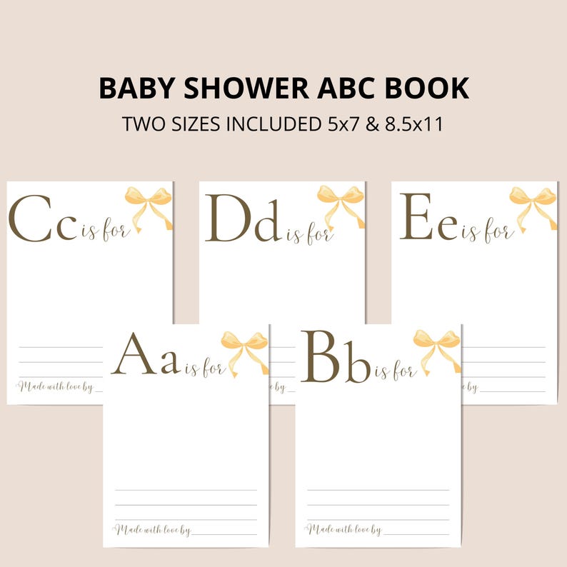 K&ouml;nnte beinhalten: Ein Satz druckbarer Baby Shower ABC-Buch-Karten mit einem gelben Schleifendesign. Die Karten zeigen die Buchstaben A bis E mit dem Satz "ist f&uuml;r" und einem leeren Feld zum Eintragen. Der Text "Mit Liebe gemacht von" befindet sich am unteren Rand der Karten.
