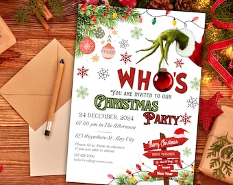 Op de afbeelding: Een kerstfeestuitnodiging met de Grinch die een rode kerstbal vasthoudt. De uitnodiging luidt "Who's Christmas Party" met de datum en tijd van het feest. De uitnodiging bevat ook een bord met de tekst "Merry Christmas" en een ander bord met de tekst "Best Wishes and a Happy New Year".