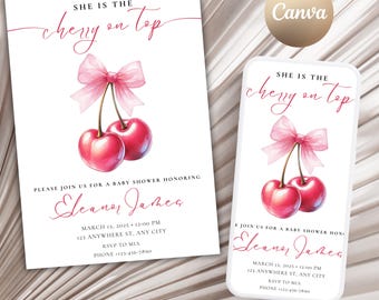 Cherry Baby Shower Invitation: Pink Bow, Modern Coquette (PDF)