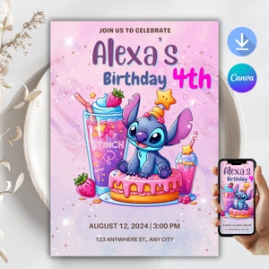 Modèle numérique d'invitation pour une fête d'anniversaire de Stitch, invitation à une fête d'enfants numérique, anniversaire de filles de Stitch, impression ou partage d'anniversaire de Lilo