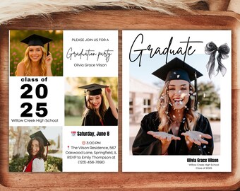 May include: Graduation party invitation with a black and white photo of a graduate wearing a cap and gown. The invitation includes the text "Graduate", "Olivia Grace Vilson", "Willow Creek High School", "Class of 2025", "Saturday, June 8", "3:00 PM", "The Vilson Residence, 567 Oakwood Lane, Springfield, IL", "RSVP to Emily Thompson at (123) 456-7890".