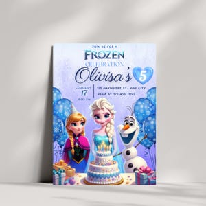 May include: Frozen themed birthday party invitation with a purple background. The invitation features Elsa, Anna, and Olaf from the movie Frozen. The text on the invitation reads "Join us for a Frozen Celebration, Olivisa's 5, January 17, 4:00 PM, 123 Anywhere St., Any City, RSVP at 123 456 7890".