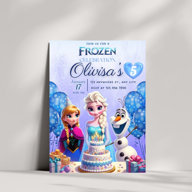 May include: Frozen themed birthday party invitation with a purple background. The invitation features Elsa, Anna, and Olaf from the movie Frozen. The text on the invitation reads "Join us for a Frozen Celebration, Olivisa's 5, January 17, 4:00 PM, 123 Anywhere St., Any City, RSVP at 123 456 7890".