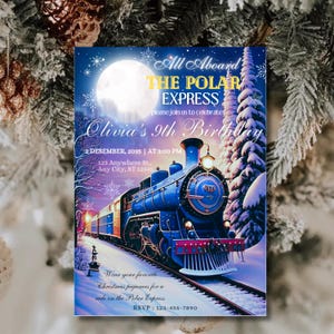 Invitación de cumpleaños de Polar Express Fiesta en el tren del Polo Norte Invitación de cumpleaños de Navidad Invitación de Navidad de invierno Canva Fiesta en el tren del Polo Norte