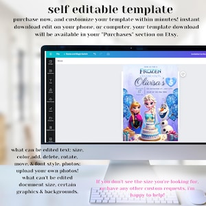May include: A digital screen displaying a Frozen-themed birthday invitation template. The template features a blue and purple background with images of Elsa and Olaf from the movie Frozen. The text on the invitation reads "Join us for a Frozen Celebration, Olivisa's 5th Birthday, January 17th, 4:00 PM, 123 Anywhere St., Any City, RSVP at 123-456-7890".