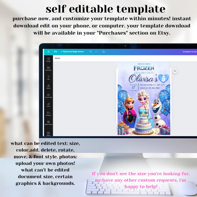 May include: A digital screen displaying a Frozen-themed birthday invitation template. The template features a blue and purple background with images of Elsa and Olaf from the movie Frozen. The text on the invitation reads "Join us for a Frozen Celebration, Olivisa's 5th Birthday, January 17th, 4:00 PM, 123 Anywhere St., Any City, RSVP at 123-456-7890".