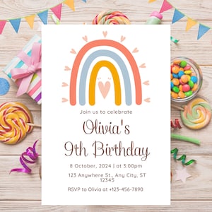 Rainbow Birthday Invitation for Girls Rainbow Invitation Editable Boho Rainbow Modern Rainbow Birthday Invitation  Editable Printable