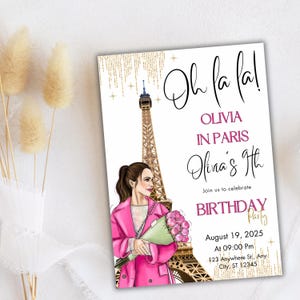 Ohh la la Paris-Geburtstagseinladung, Vorlage Eiffelturm-Party einladen, Paris-Thema-Geburtstagsfeier, rosa Boho, bearbeitbare druckbare Canva