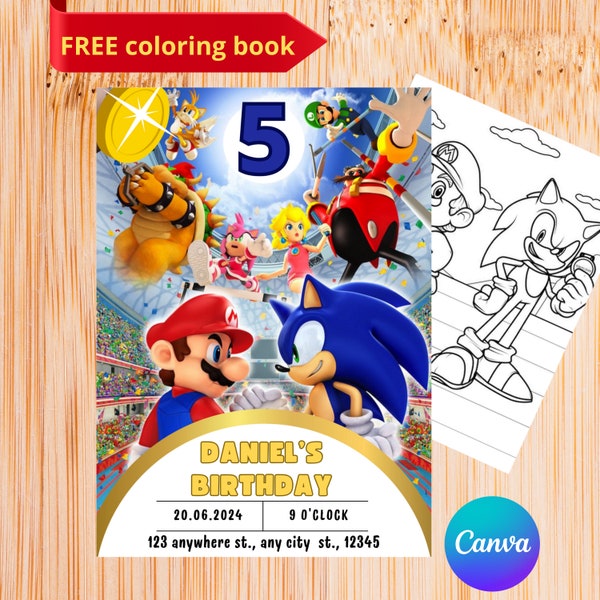 Invitation Mario Sonic Invitation à une fête d'anniversaire de Super Mario et Sonic Modèle de fête numérique modifiable et personnalisé, livres à colorier