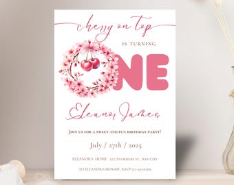 Cherry On Top First Birthday Invitation: Pink Floral, Coquette (PDF)