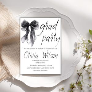 Minimalist Black Bow Graduation Party Invitation (Canva Template)