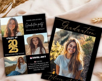 Könnte beinhalten: Einladung zu einer Abschlussfeier mit schwarzem Hintergrund und goldener Schrift. Die Einladung zeigt ein Foto einer jungen Frau in Kappe und Robe und den Text "Graduation party" und "Olivia Grace Vilson".