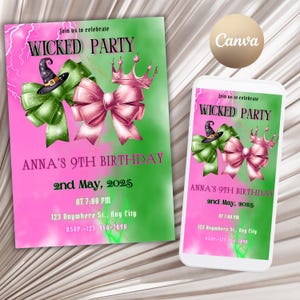 Wicked Birthday Party Invitation, Wicked party invite, WICKED inspired Movie ticket, Movie party, Green Pink Witch evite, Canva Editable