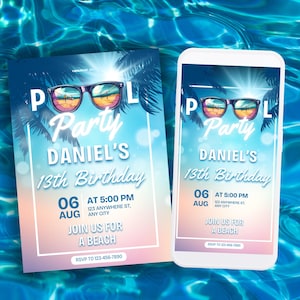 Bewerkbare uitnodiging voor zwembadfeest, zomer verjaardagsfeestje evite, uitnodiging jongen tiener zwembadfeest, elektronische uitnodiging, kaart feestjongens uitnodigen