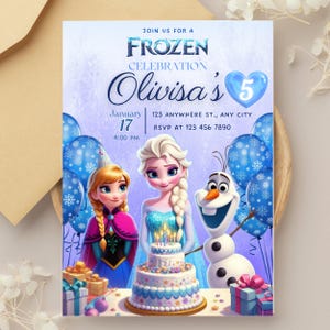 May include: Frozen themed birthday party invitation with a blue and white background. The invitation features Elsa and Olaf from the movie Frozen, along with a birthday cake and balloons. The text on the invitation reads "Join us for a Frozen Celebration, Olivisa's 5".