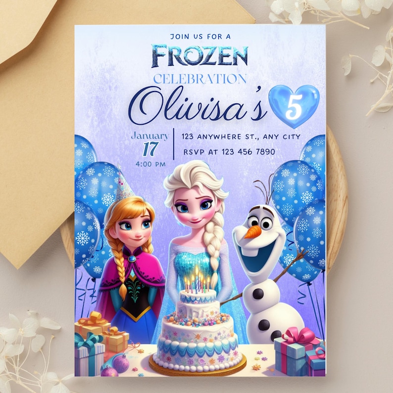 May include: Frozen themed birthday party invitation with a blue and white background. The invitation features Elsa and Olaf from the movie Frozen, along with a birthday cake and balloons. The text on the invitation reads "Join us for a Frozen Celebration, Olivisa's 5".