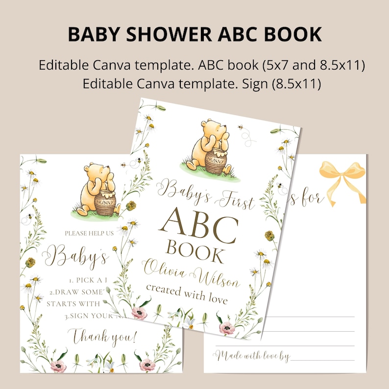 Baby Shower ABC Book Winnie the Pooh themed Activity, Alphabet Book, Printable Baby's First ABC Book, Winnie Pooh Baby Shower Game Template