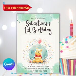 May include: A Winnie the Pooh-themed first birthday party invitation with a watercolor background. The invitation features a cartoon Winnie the Pooh holding a pink balloon, surrounded by colorful confetti. The text reads "Join us to celebrate Sebastian's 1st Birthday" and includes the date, time, and location of the party. RSVP information is also included.