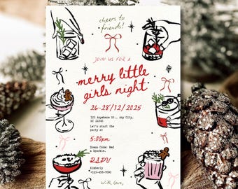 Christmas Girls Night Invite, Coquette Bow Invitation, Secret Santa Doodle Hand Drawn