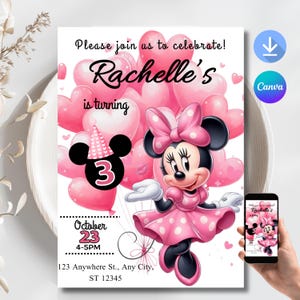 Faire-part d'anniversaire Minnie Mouse rose clair modifiable Fête Minnie Mouse Faire-part d'anniversaire pour filles Invitation rose Minnie Mouse imprimable