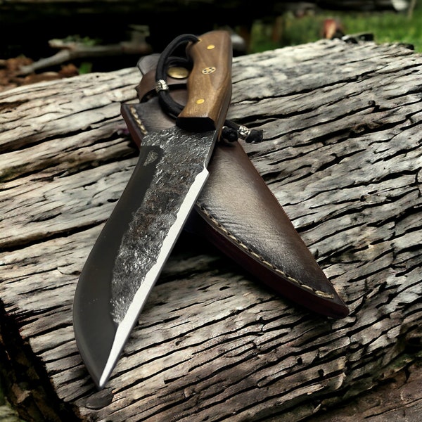 Bushcraft Knife 10" Full Tang Hunting Gear Camping Heavy Duty "Dimvolt" Walnut Handle Leather Sheath Survival Tools