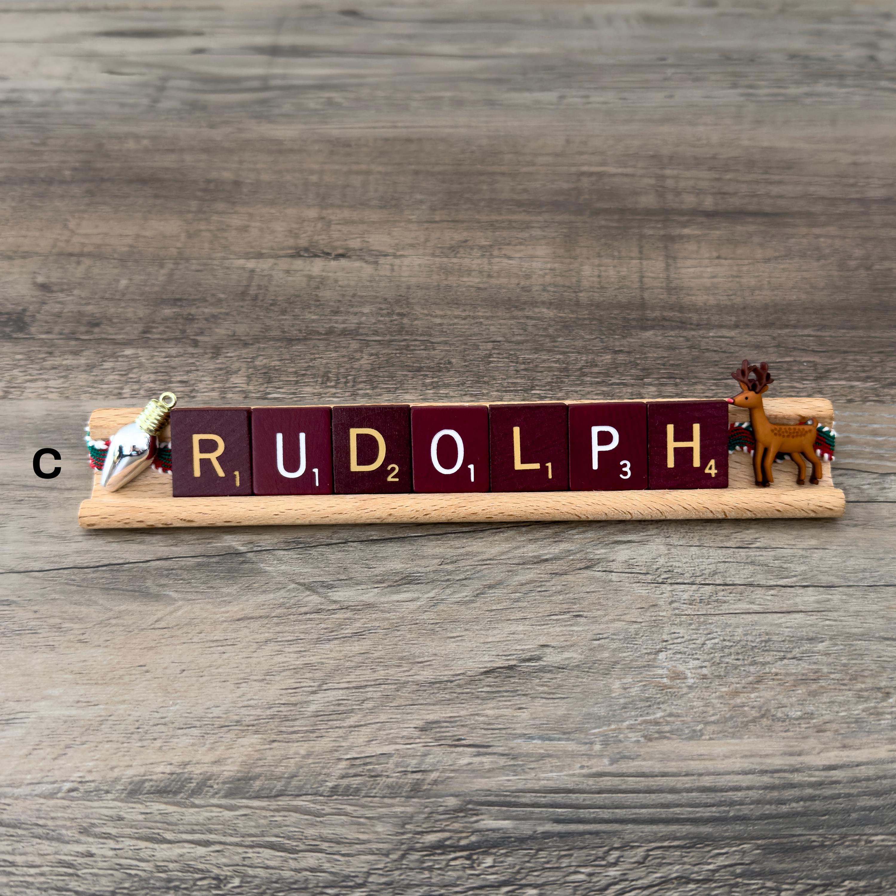 Rudolph Block Letters Vintage “RUDOLPH” Scrabble Letter Word Tile Holder With Embellishments ...