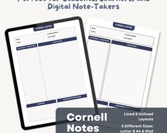 Puede incluir: Una tableta digital y un cuaderno de papel que muestran plantillas de notas Cornell. Las plantillas incluyen secciones para la fecha, el tema, las ideas clave, las notas principales y las tareas. El texto de la imagen dice: "Perfecto para estudiantes, estudiantes y tomadores de notas digitales."