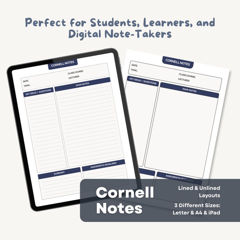 Cornell Notes Template | Digital Note-taking Page | iPad & Printable A4 ...