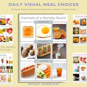 May include: A visual meal choice board with images of various foods and drinks, including fruit, breakfast items, lunch options, dinner items, and desserts. The board is designed for autistic and ADHD kids, with the text "DAILY VISUAL MEAL CHOICES" at the top.