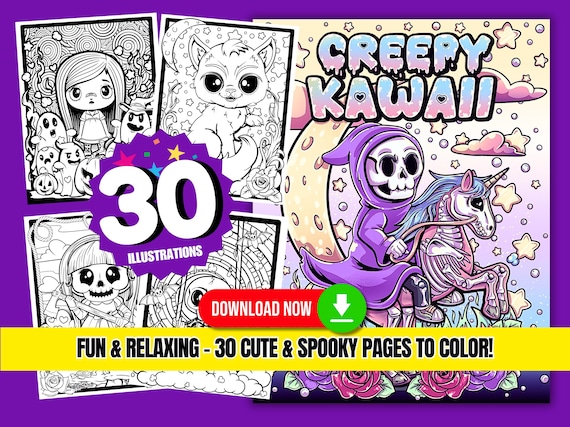 Creepy Kawaii Coloring Book: Coloring Book of Kawaii Girls and Spooky Animals, Spooky Coloring Book to Relax and Reduce Stress.