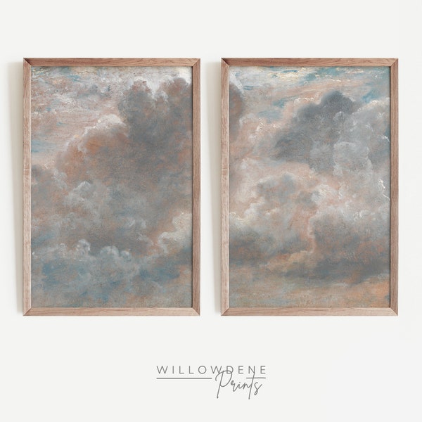 John Constable Moody Cloud Paintings, Vintage Art Duo Set of 2 Prints, Neutral Wall Art, Modern Farmhouse, Muted Tones Diptych, Sky Artwork