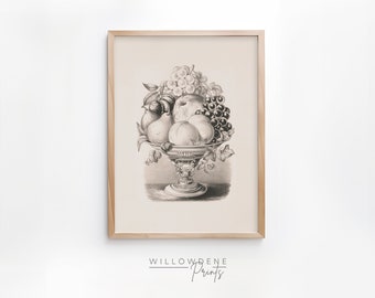 Antique Fruit Bowl Sketch | Farmhouse Kitchen Art Print | Printable Neutral Drawing | Cottagecore | Digital Downloadable | Gallery Wall Art