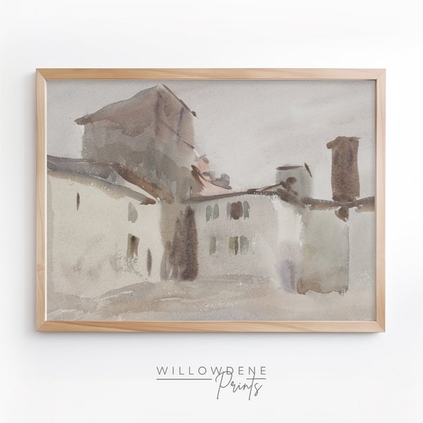 Pale Watercolour Landscape Painting, Vintage Art Print, Printable Digital Download, Muted Impressionist Wall Decor for Country Cottage Style