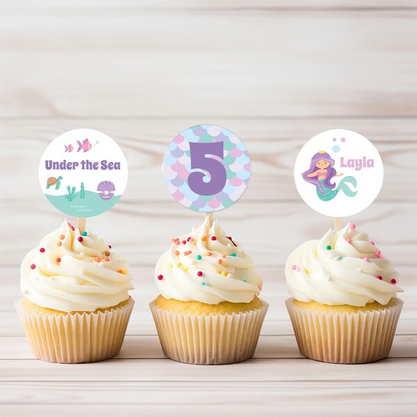 Mermaid Birthday Cupcake Toppers | Editable Under the Sea Theme cake topper | Instant Download Sea Theme Girl Birthday Party Decorations