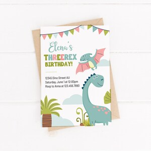 Three Rex Dinosaur Birthday Invitation, Dinosaur birthday invitation, Girl Birthday Invite, Digital Editable Template, instant download