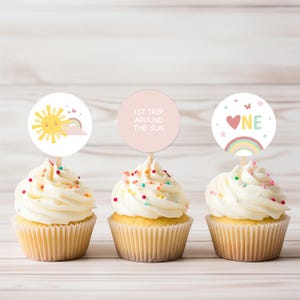 1st Trip Around the Sun Cupcake Toppers | Editable Sunshine Theme cake topper | Instant Download Sun Girl First Birthday Party Decorations