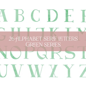 Letras Serif de acuarela, Descarga digital, Letras para crestas, Descargas de alfabeto verde, Alfabeto de acuarela, Alfabeto Serif para signos