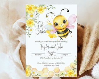 Rosa Biene-Babyparty-Einladung: Gelbe Blumenvorlage (digitaler Download)