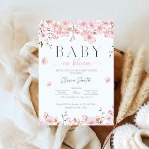 Bambino in fiore baby shower Invito, modificabile Fiore di ciliegio baby shower Invito Invito rosa con fiori di campo Modello BM01