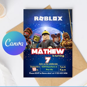 Roblox Birthday Invitation, Roblox Birthday Invitation Template printable, Roblox invitation digitally editable in canva