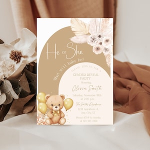Invito modificabile per rivelare il genere, modello di invito per una festa per neonato o ragazza, lui o lei, invito all'orsacchiotto Boho BBGR01