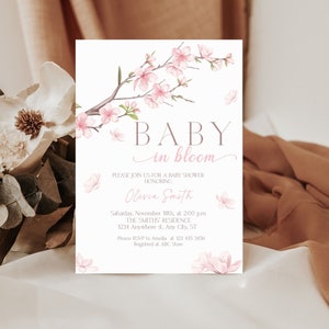 Bambino in fiore baby shower Invito, modificabile Fiore di ciliegio baby shower Invito Invito rosa con fiori di campo Modello BM02