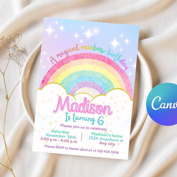 Rainbow Birthday Invitation, clouds and Rainbow Birthday Invitation Template printable, Magic rainbow invitation digitally editable in canva