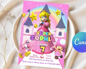 Invito principessa Peach, invito compleanno principessa Super Mario Bros, modello di invito festa Peach modificabile digitalmente in canva