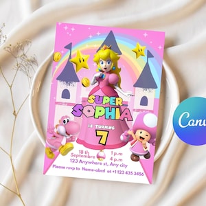 Princess Peach Invitation,  Super Mario Bros Princess Birthday Invite, Peach Partyinvitation template digitally editable in canva