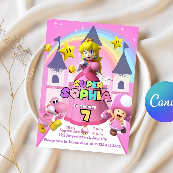 Invitación de la princesa Peach, invitación de cumpleaños de la princesa Super Mario Bros, plantilla de invitación a la fiesta de Peach editable digitalmente en canva